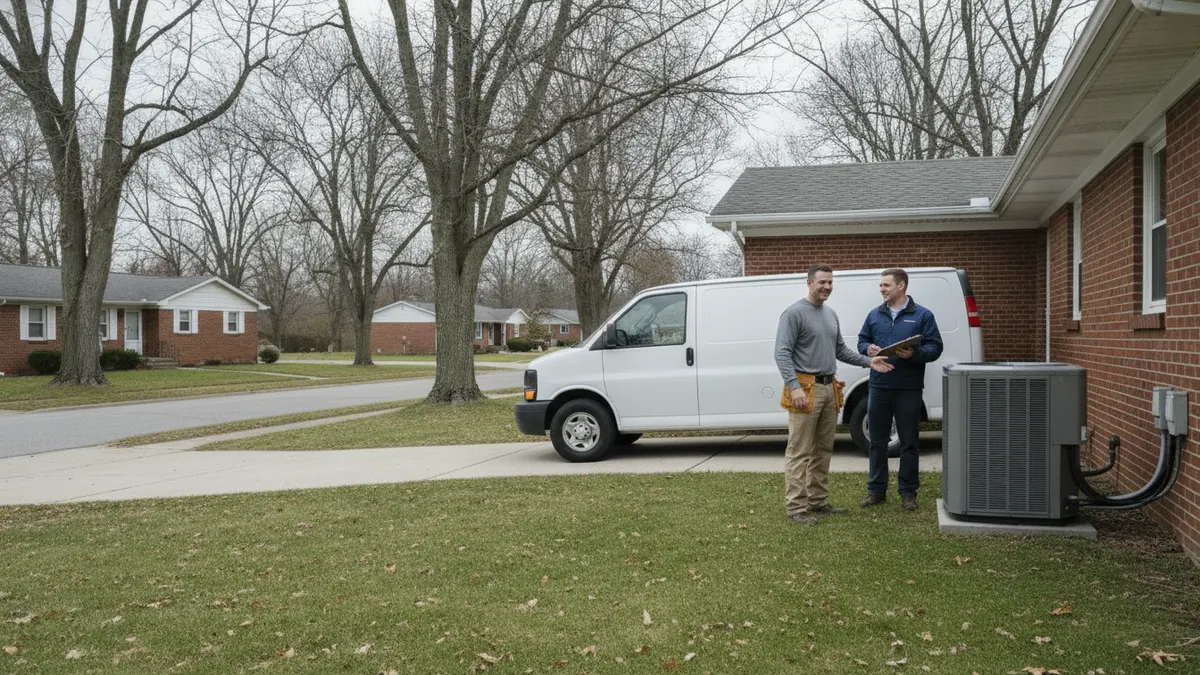 Two technicians beside a service van in the driveway of a brick ranch house