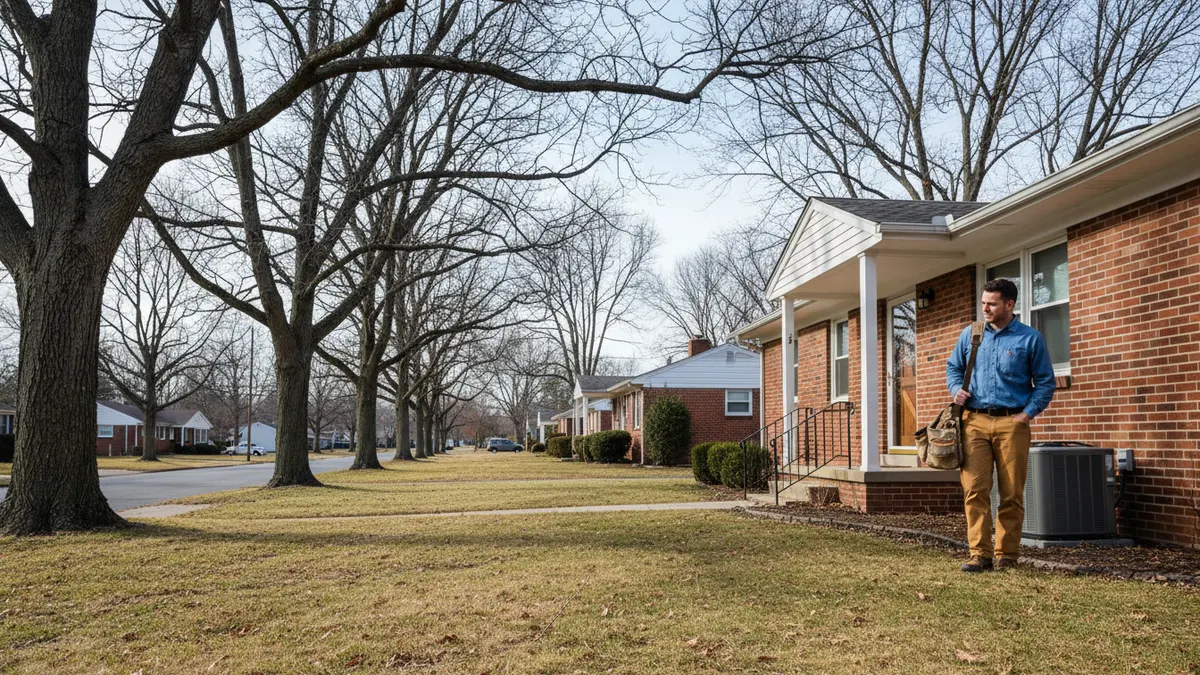 Technician walking up to a brick ranch house in the Mechanicsburg, PA area
