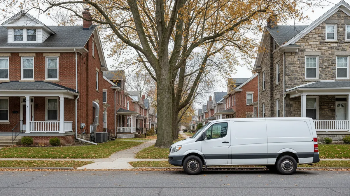 Service van parked on a street of older brick two-story homes near Mechanicsburg, PA