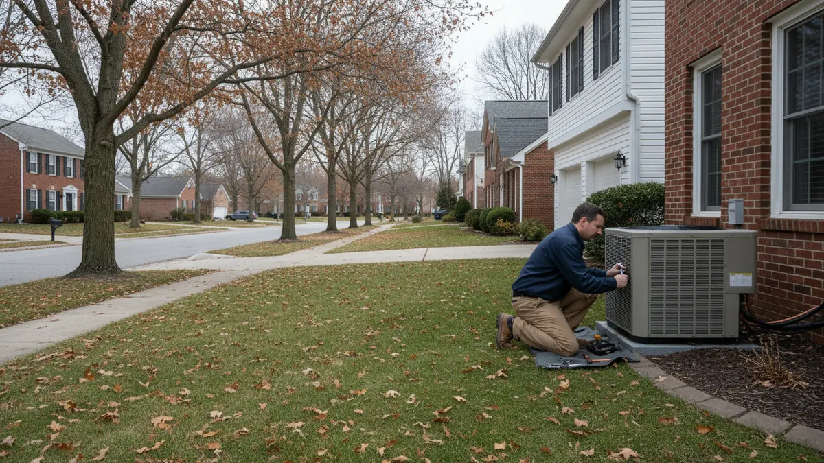 Technician checking an outdoor air conditioner beside a two-story colonial