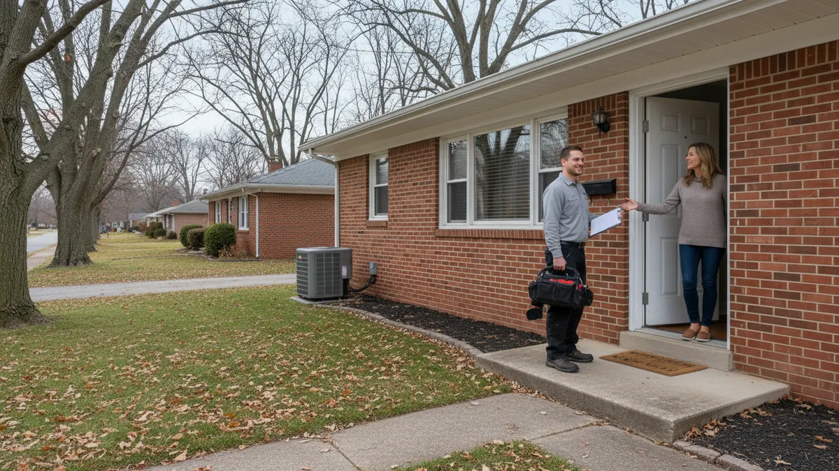 Homeowner greeting a technician at the door of a brick ranch house