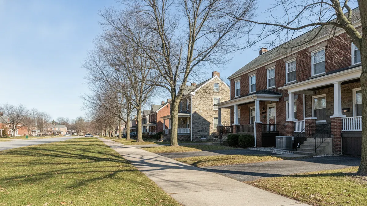 Block of older brick two-story homes near Mechanicsburg, PA