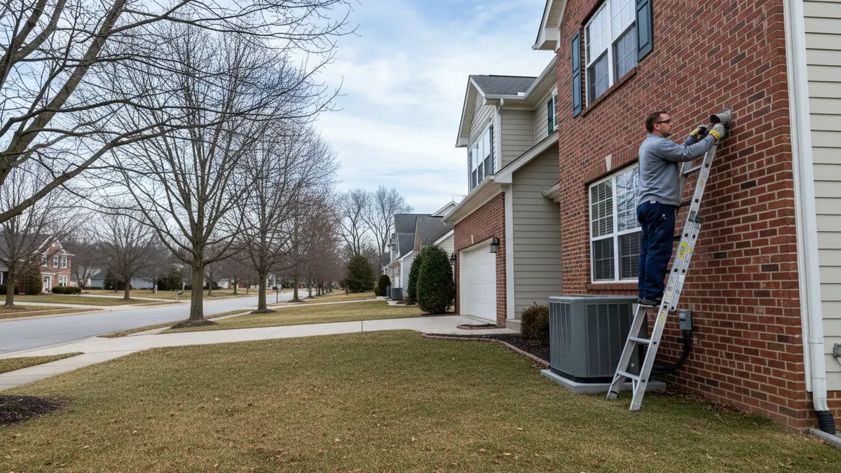 Technician checking the furnace vent on the side of a two-story colonial