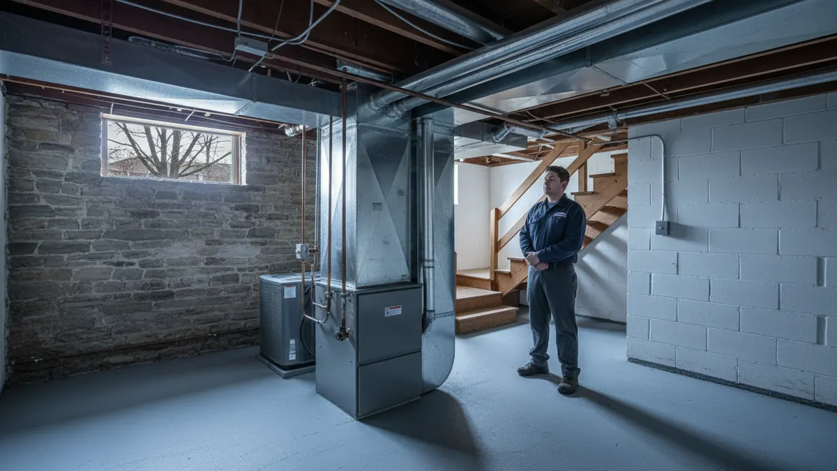 Carbon monoxide alarm mounted near a basement furnace