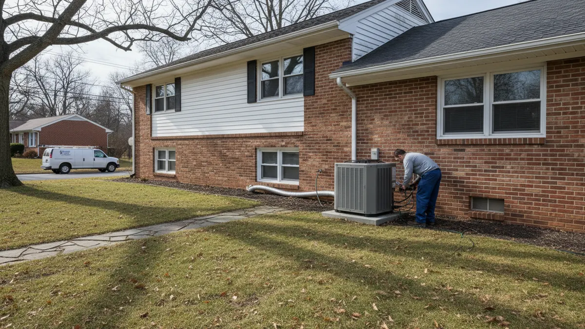 Central air condenser beside a brick ranch house