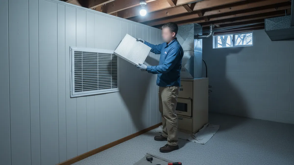 Pleated furnace filter beside a return grille in a brick ranch basement