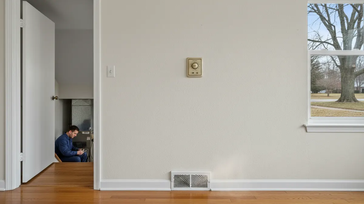 Thermostat beside a warm-air register in a brick split-level home