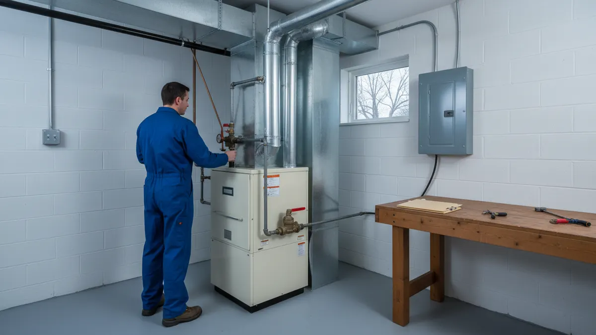 Furnace beside a permit folder in a finished basement
