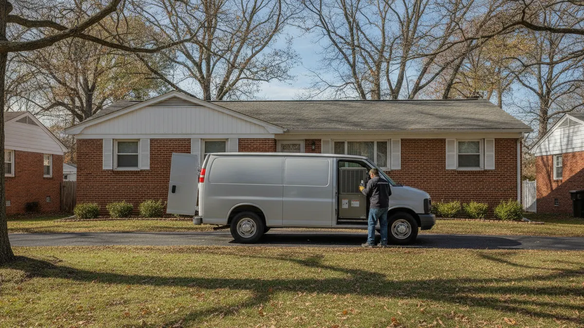 Unmarked service van in the driveway of a brick ranch house