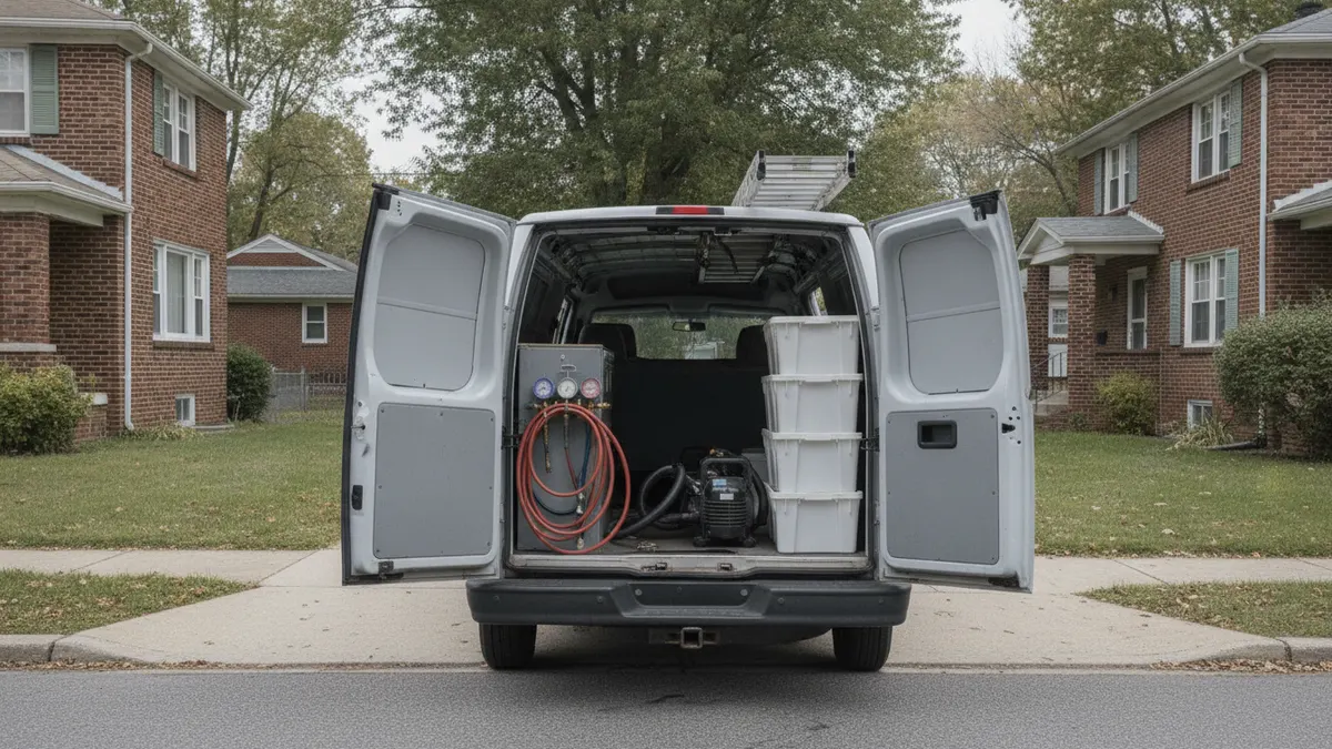 HVAC tools and parts bins organized inside an open service van