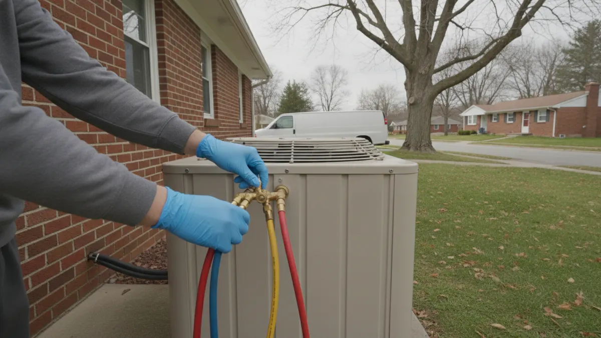 Gloved hands connecting refrigerant gauges to an outdoor air conditioner