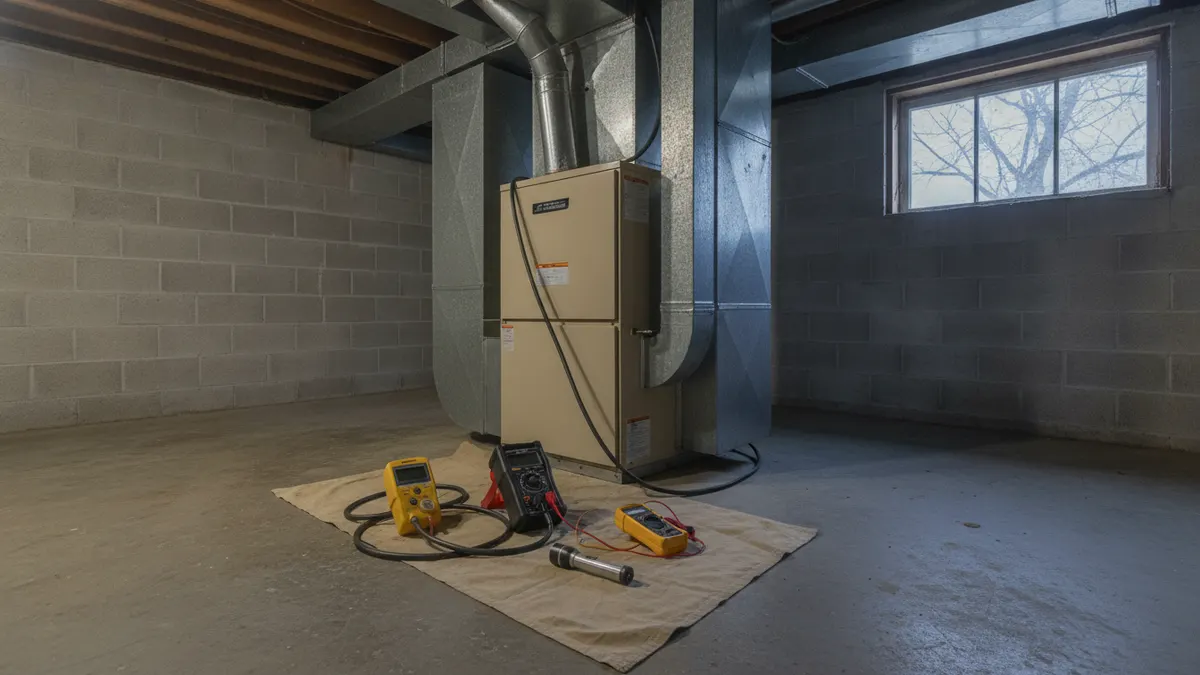 Diagnostic tools laid out on a drop cloth beside a gas furnace