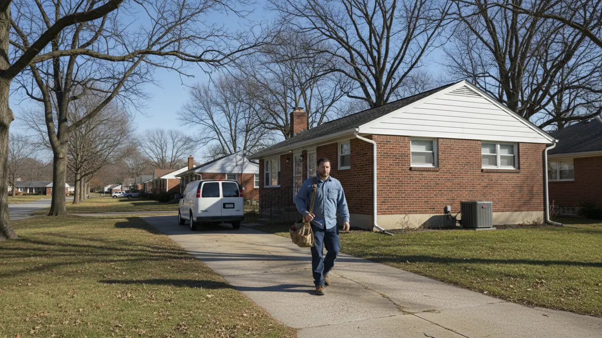 Technician arriving at a brick ranch house in the Mechanicsburg, PA area
