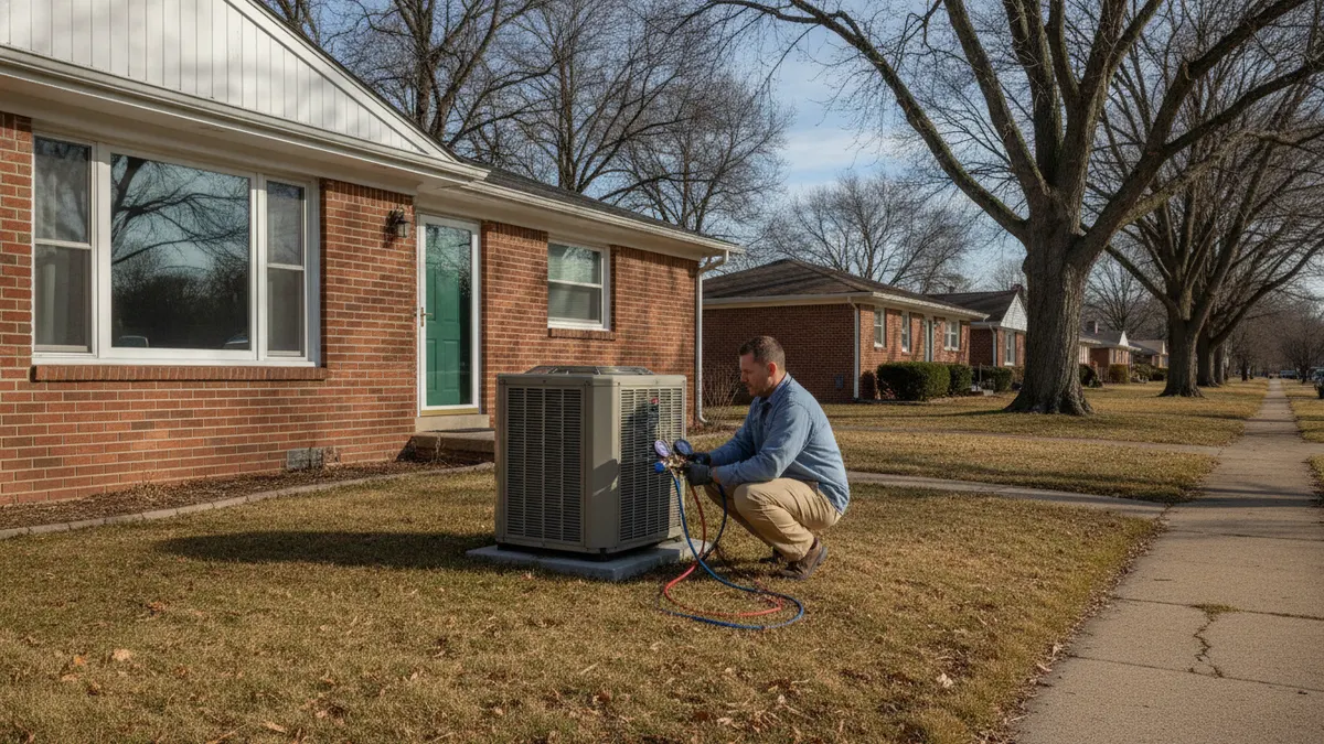 Technician testing an outdoor air conditioner with refrigerant gauges