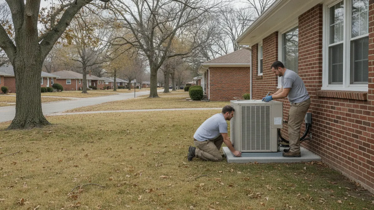 Technicians setting a new air conditioner beside a brick ranch house