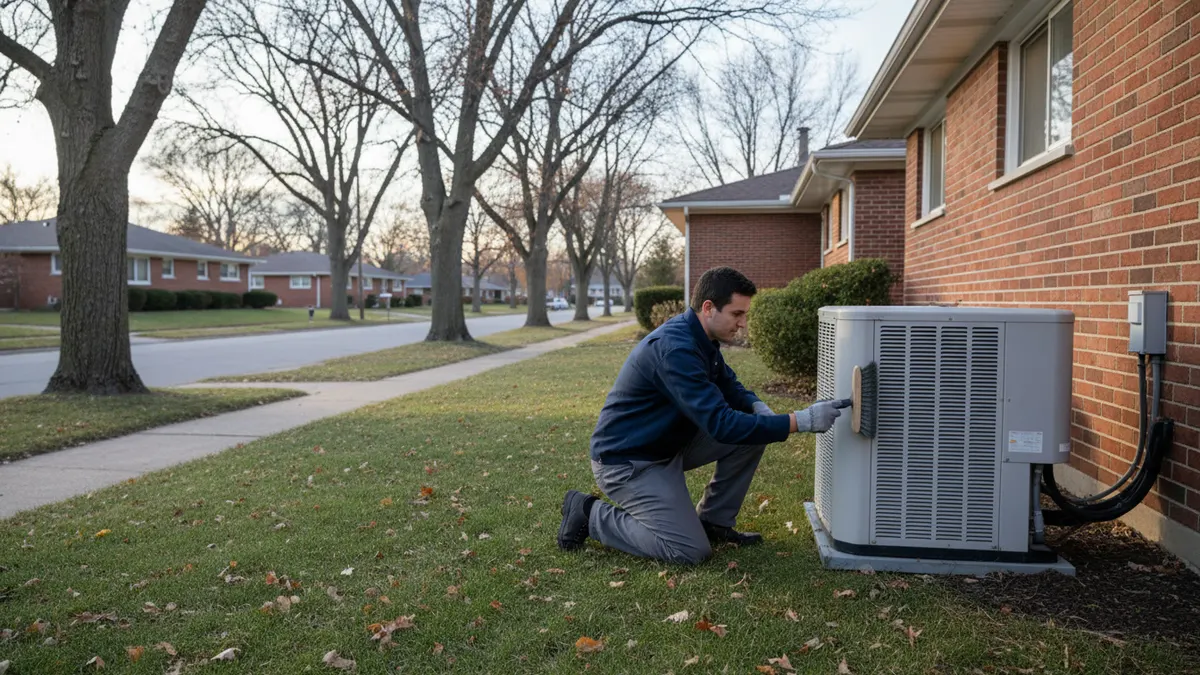 Technician cleaning an outdoor air conditioner coil during a tune-up