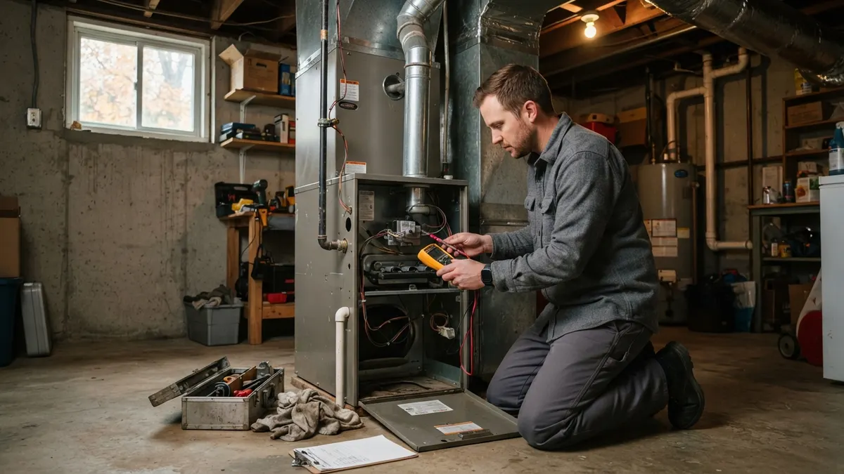 Technician repairing a gas furnace in a basement utility room