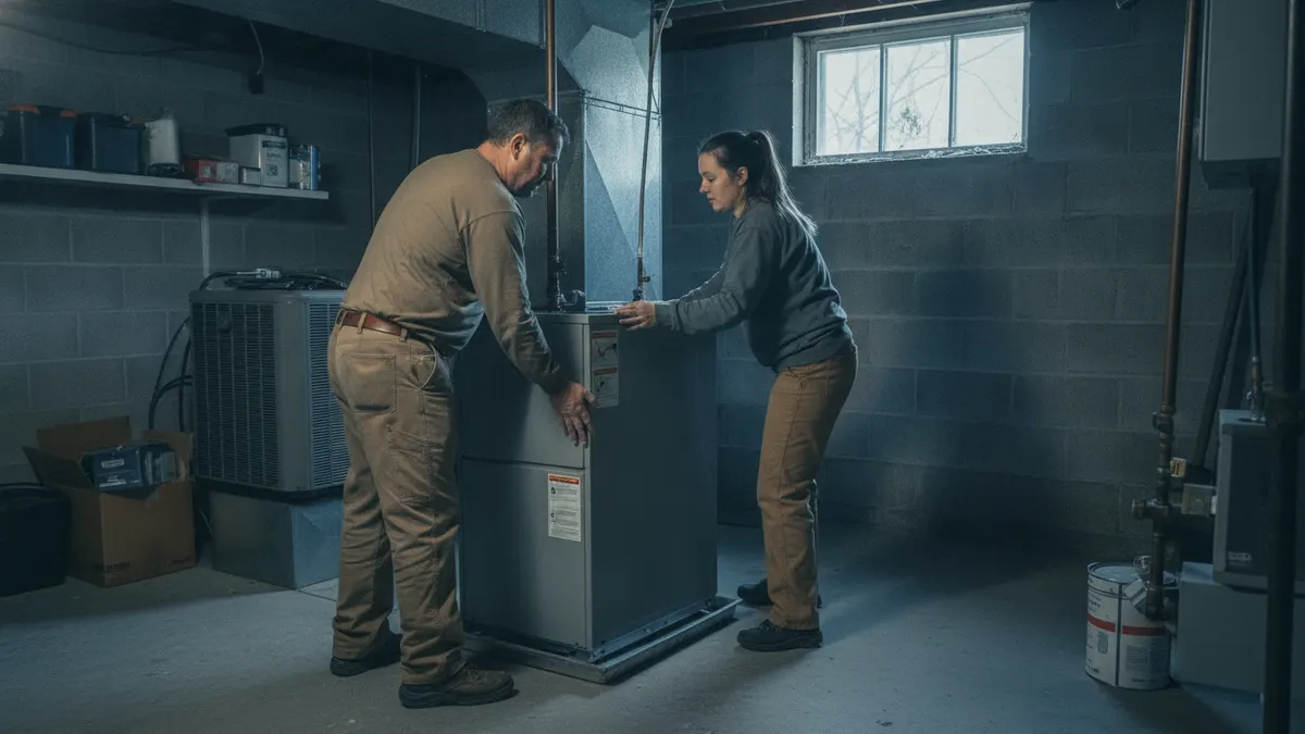 Technicians installing a new gas furnace in a basement utility room