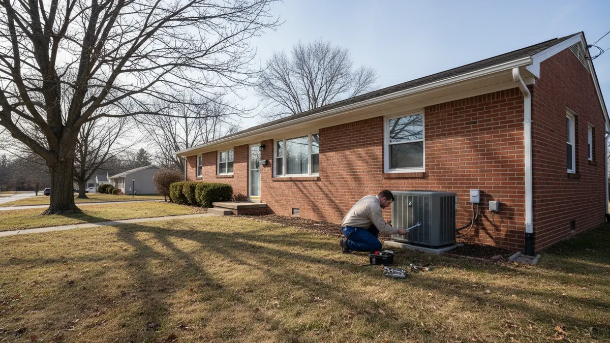Brick ranch house with the worn outdoor condenser