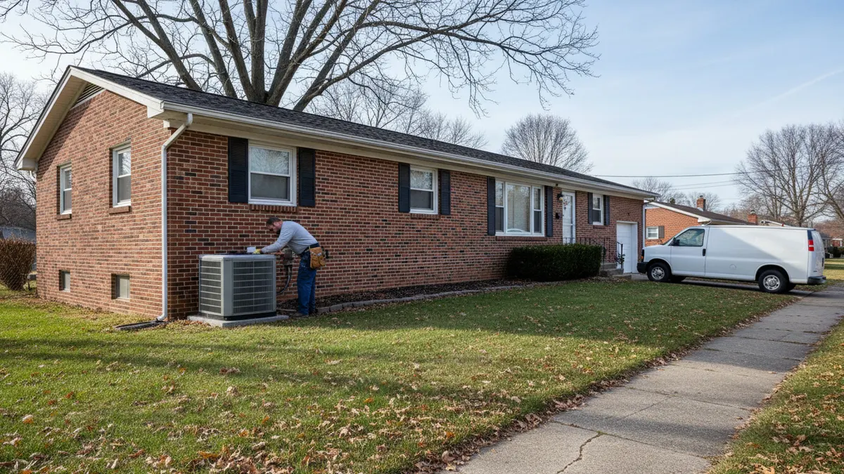 Brick ranch house with the central air equipment before the repair