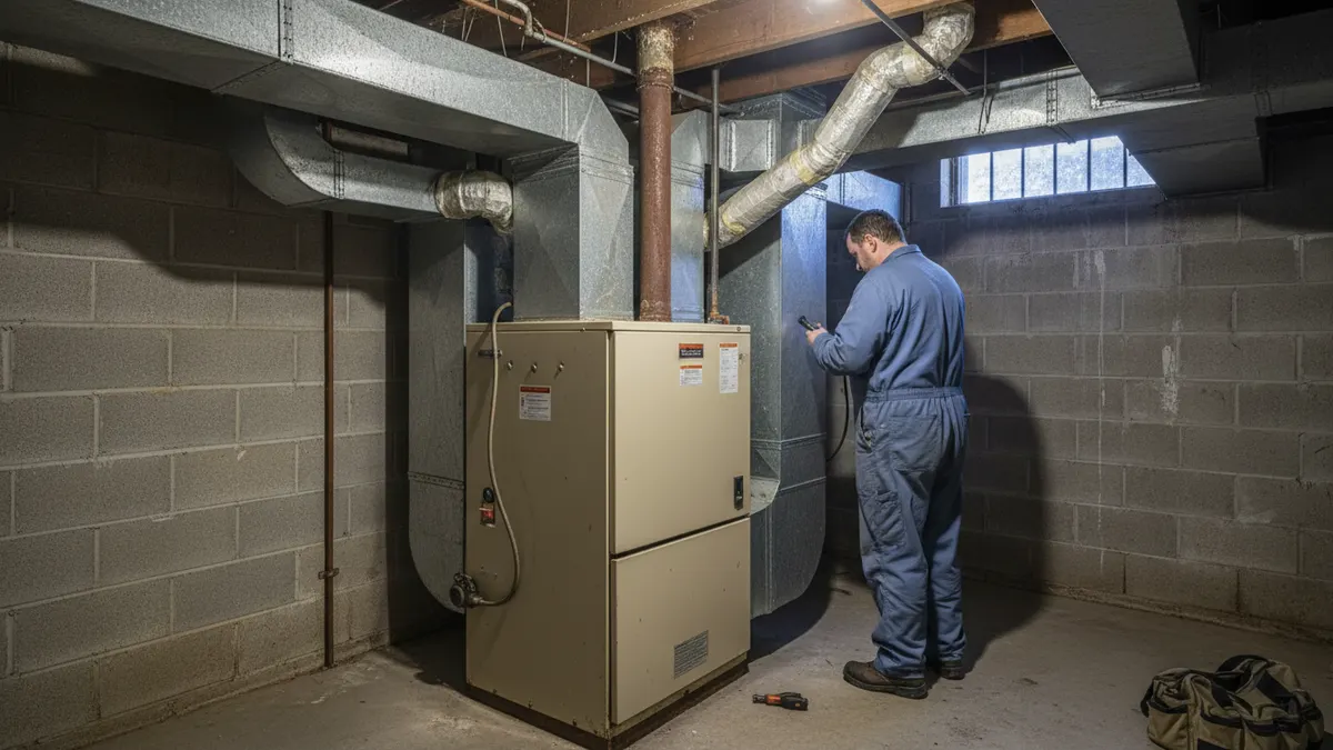 Worn oil furnace beside the basement duct connections