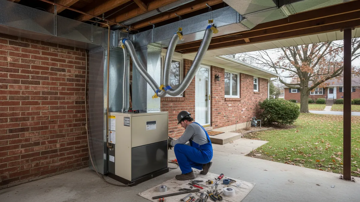 New oil furnace being connected to the basement ductwork