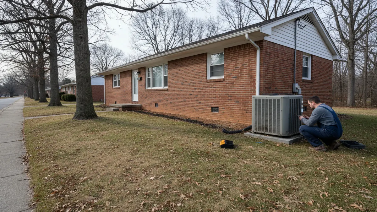 Brick ranch house with a cottonwood-covered outdoor condenser