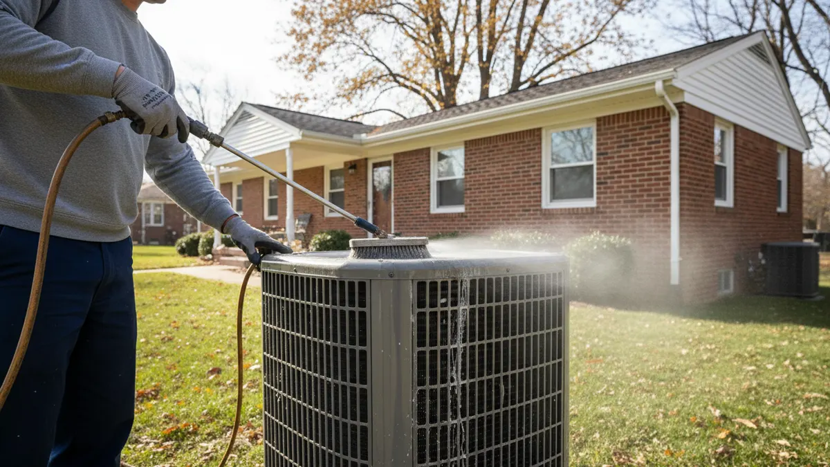 Outdoor condenser coil being cleared of packed cottonwood fluff