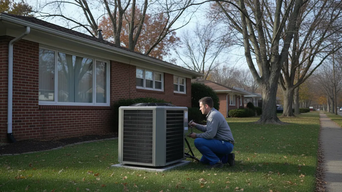 Clean outdoor condenser beside the brick ranch house