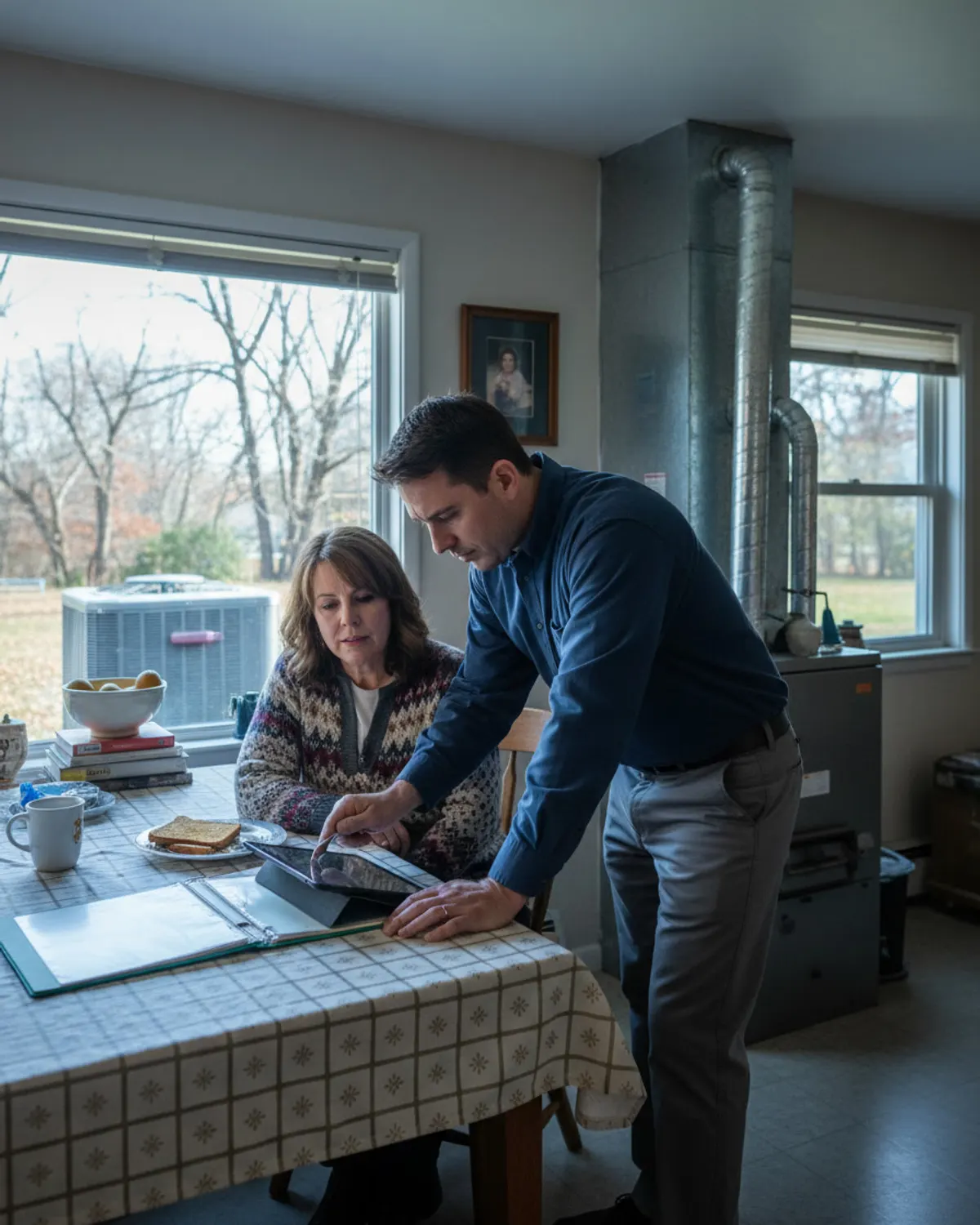 Technician going over findings with a homeowner at a kitchen table