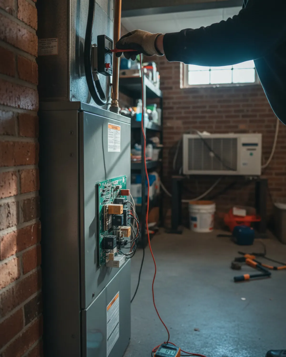 Close-up of a furnace control board being tested with a meter