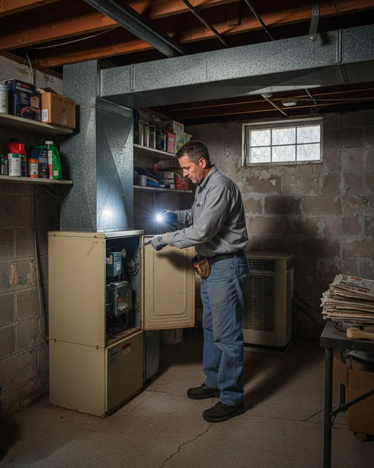 Technician inspecting a furnace in a basement utility room with a flashlight
