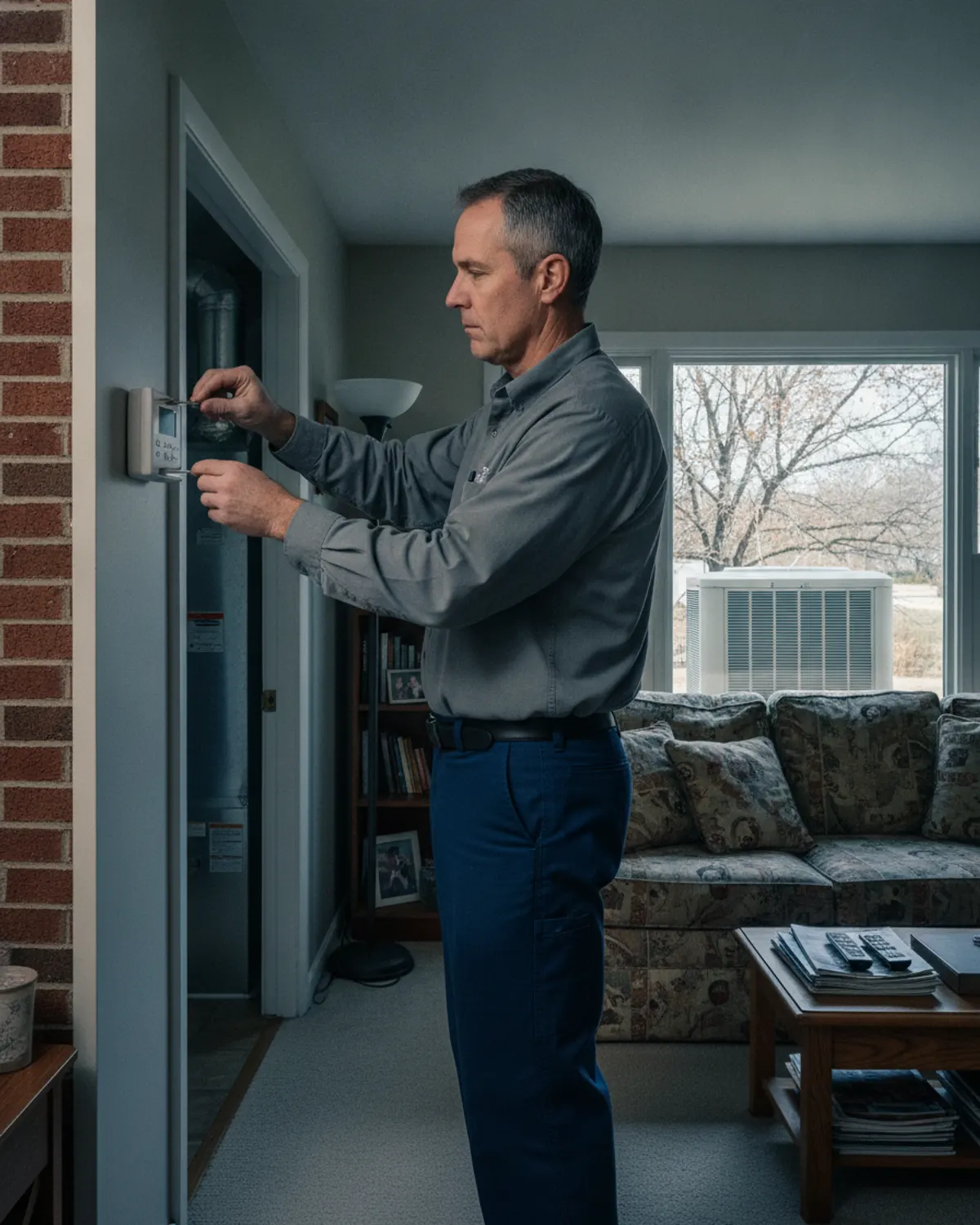 Technician adjusting a wall thermostat in a living room